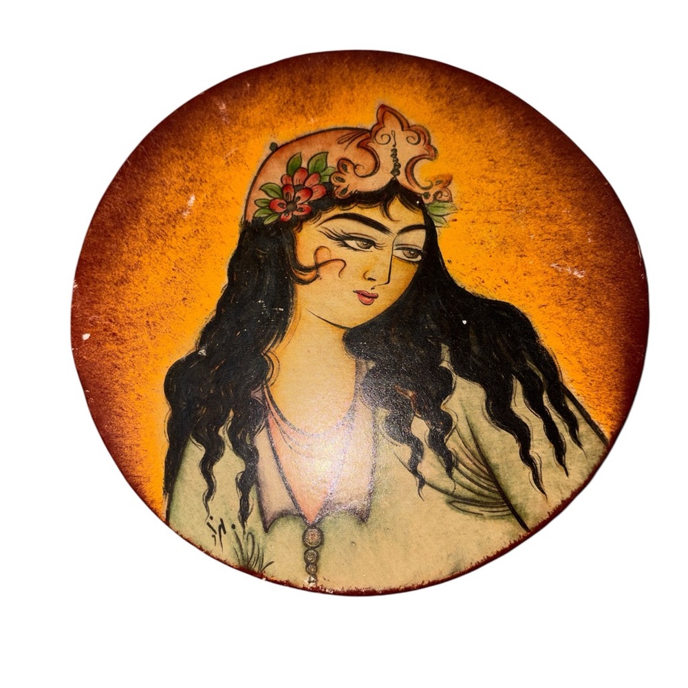 Vintage Persian Qajar Style Lady Portrait Round Wall Plaque Hanging Art 7.5”